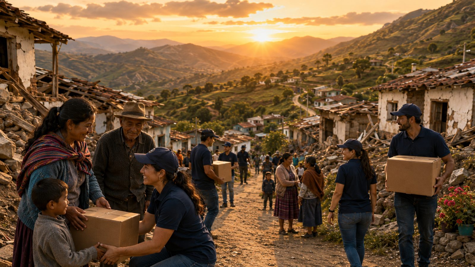 Vereda entre montañas al atardecer durante una entrega de ayudas